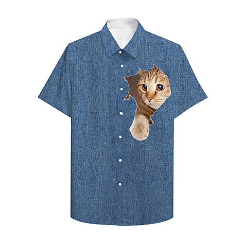 

Men's Shirt 3D Print Cat Graphic Prints Animal Print Short Sleeve Daily Tops Casual Designer Blue