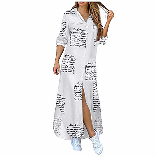 

Casual Maxi Dress for Women,Floral Button Down Roll up Long Sleeve Long Dress Loose Long Maxi Dresses White