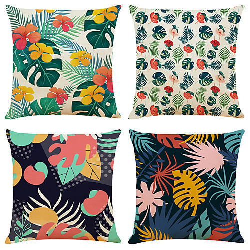 

4 pcs Linen Pillow Cover, Floral&Plants Simple Classic Square Zipper Traditional Classic