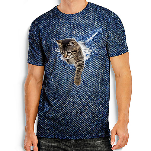

Men's Tees T shirt 3D Print Cat Graphic Prints Animal Print Short Sleeve Daily Tops Basic Casual Blue
