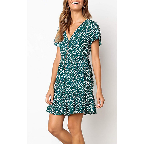 

Women's Shift Dress Short Mini Dress Green Short Sleeve Polka Dot Summer V Neck Casual 2021 S M L XL