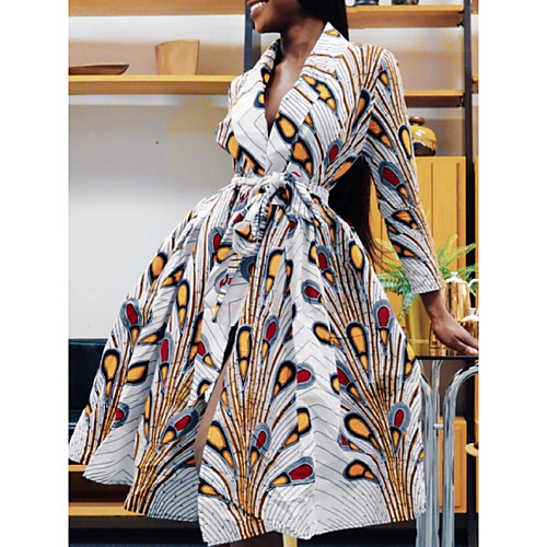 

Women's A Line Dress Knee Length Dress White Blue Red Long Sleeve Print Print Fall Summer V Neck Elegant Casual 2021 S M L XL XXL