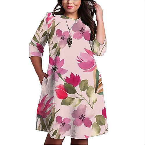 

Women's Plus Size Graphic Color Block Floral Print Casual 3/4 Length Sleeve Fall Knee Length Dress Shift Dress Blushing Pink