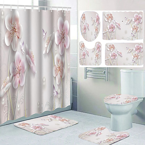 

Pink Flower Pattern Printing Bathroom Shower Curtain Leisure Toilet Four-piece Design