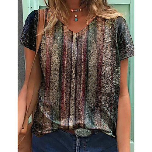 

Women's T shirt Striped Graphic Print V Neck Tops Basic Basic Top Brown