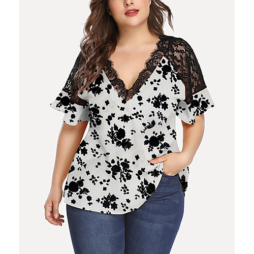 

Women's Plus Size Lace Patchwork Graphic Floral Blouse Large Size V Neck Short Sleeve Hawaiian Tops XL XXL 3XL White Big Size