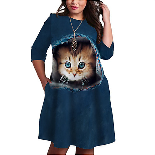 

Women's Plus Size Cat Graphic Animal Print Basic 3/4 Length Sleeve Fall Knee Length Dress Shift Dress Blue
