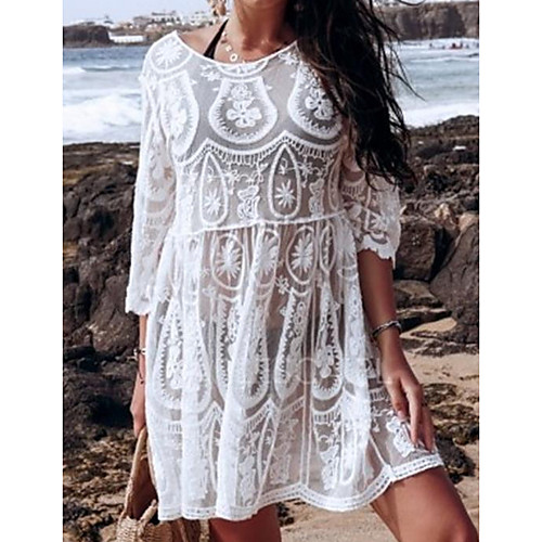 

Women's Swimsuit Cover Up Beach Top Swimsuit Embroidery Hole Solid Color Geometric White Swimwear T shirt Dress Tunic Plunge Bathing Suits New Fashion Sexy