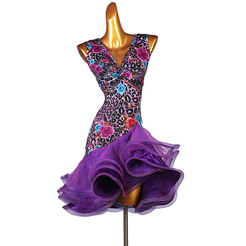 

Latin Dance Dress Printing Women's Performance Sleeveless Organza Ice Silk
