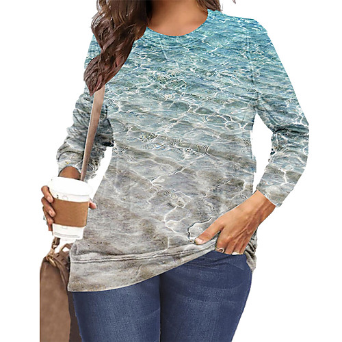 

Women's Plus Size Print Graphic Scenery Waves T shirt Large Size Round Neck Long Sleeve Tops XL XXL 3XL Blue Big Size