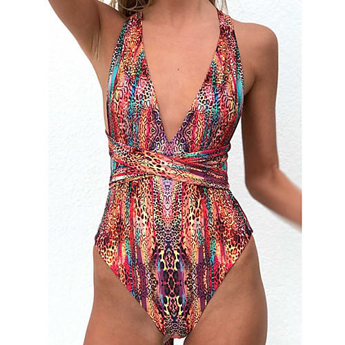 

Women's One Piece Monokini Swimsuit Open Back Slim Color Block Abstract powder White Red Yellow Swimwear Padded Bodysuit V Wire Bathing Suits New Fashion Sexy
