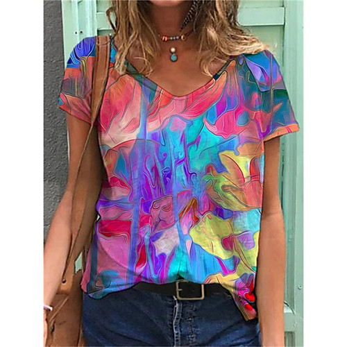

Women's T shirt Graphic Floral Print V Neck Tops Basic Basic Top Blue Yellow Green