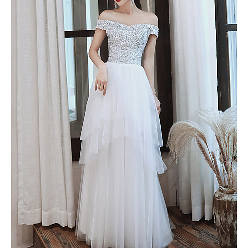 

A-Line Wedding Dresses Off Shoulder Floor Length Tulle Sequined Short Sleeve Romantic Sparkle & Shine with Cascading Ruffles 2021