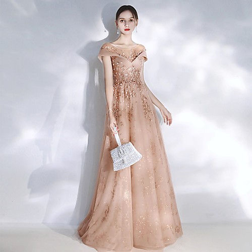 

A-Line Sparkle Floral Engagement Formal Evening Dress Illusion Neck Short Sleeve Sweep / Brush Train Tulle with Sequin 2021