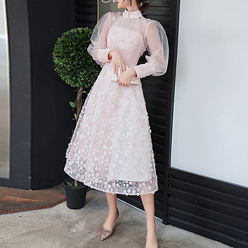 

A-Line Elegant Floral Cocktail Party Prom Dress High Neck Long Sleeve Tea Length Tulle with Pearls 2021