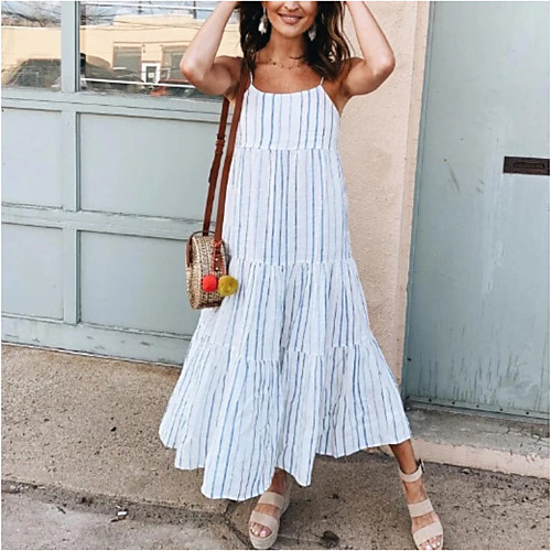 

Women's Strap Dress Maxi long Dress Blue Sleeveless Striped Print Spring Summer Casual 2021 S M L XL XXL 3XL