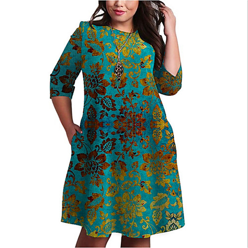 

Women's Plus Size Graphic Color Block Floral Print Casual 3/4 Length Sleeve Fall Knee Length Dress Shift Dress Green