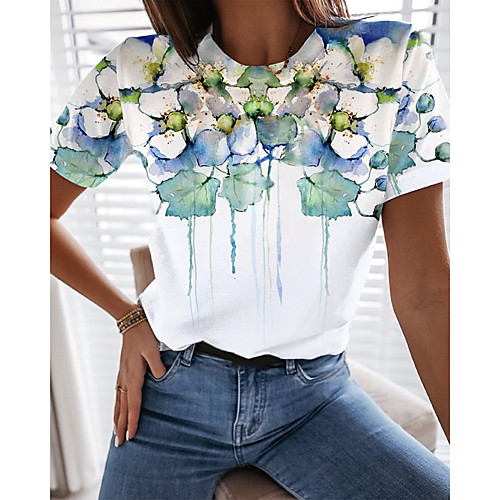 

Women's Floral Theme Painting T shirt Floral Graphic Print Round Neck Basic Tops White