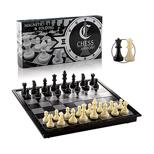 

Chess Armory Travel Chess Set 9.5 x 9.5 Plastic Chess Set with Folding Magnetic Chess Board Staunton Chess Pieces Storage Box & 2 Extra Queens - Portable Chess Set Board Game