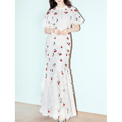 

Mermaid / Trumpet Empire Bohemian Holiday Formal Evening Dress Jewel Neck Short Sleeve Ankle Length Lace with Ruffles Pattern / Print 2021