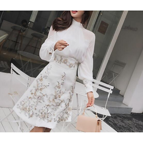 

Two Piece Vintage Floral Homecoming Cocktail Party Dress High Neck Long Sleeve Short / Mini Chiffon with Sequin Embroidery 2021