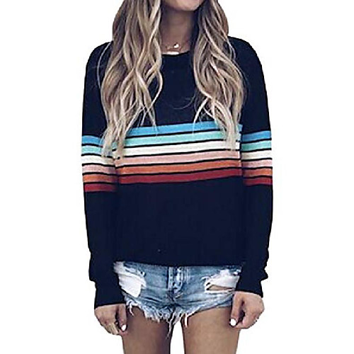 

women& #39;s sweater rainbow colorful striped sweaters long sleeve crew neck color block casual pullover blouse tops black large