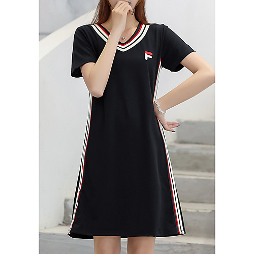 

Women's T Shirt Dress Tee Dress Short Mini Dress Navy Black Short Sleeve Striped Print Summer V Neck Casual Cotton 2021 M L XL XXL