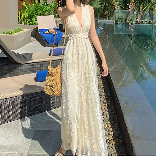 

Sheath / Column Beautiful Back Sexy Holiday Prom Dress V Neck Sleeveless Ankle Length Lace with Criss Cross Lace Insert 2021