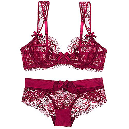 

ladies lace unlined thin transparent underwire bra and panty set - (red 80d)