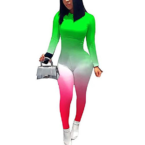 

muineobuka women long sleeve tie dye gradient bodycon long pants jumpsuits romper bodysuit pajamas casual one piece outfit green