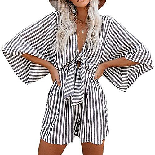 

womens summer playsuit high waist short sleeve v neck pinstripe short x-small