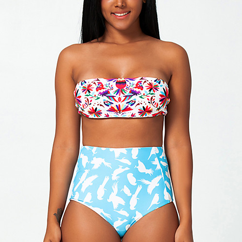 

Women's Bikini Swimsuit Lace up Print Geometric Floral Light Blue Swimwear Bandeau Bathing Suits