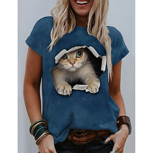 

Women's 3D Cat T shirt Cat Graphic 3D Print Round Neck Tops Basic Basic Top Blue Yellow Dark Gray