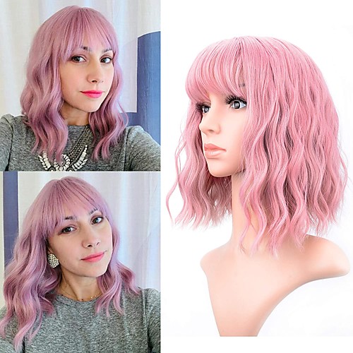 

short bob pink wig pure pastel wavy wig with air bangs curly wavy shoulder length synthetic cosplay bob pink wig for women and girl