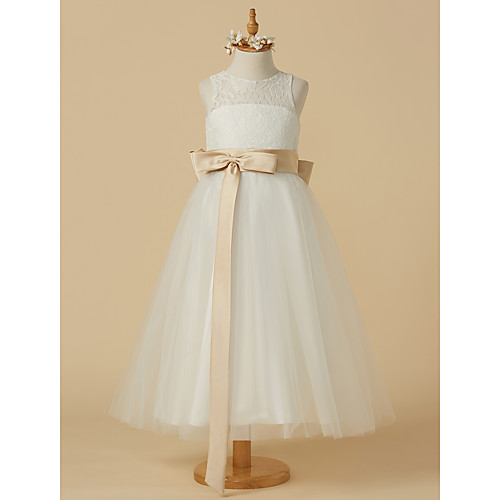 

A-Line Ankle Length Wedding / First Communion Flower Girl Dresses - Lace / Tulle Sleeveless Jewel Neck with Sash / Ribbon / Bow(s) / Pleats