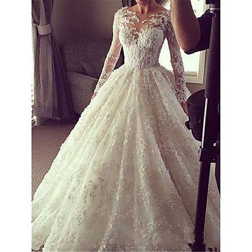 

Princess Ball Gown Wedding Dresses Jewel Neck Floor Length Lace Tulle Long Sleeve Formal Romantic Luxurious with Pleats Appliques 2021