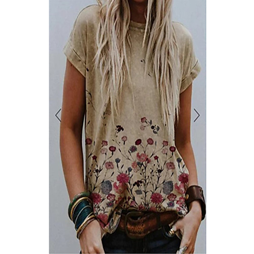 

Women's T shirt Floral Print Round Neck Tops Basic Basic Top Blue Yellow Khaki