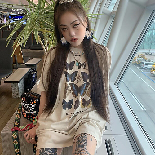 

Women's T shirt Butterfly Letter Print Round Neck Tops Cotton Basic Basic Top White Black Purple