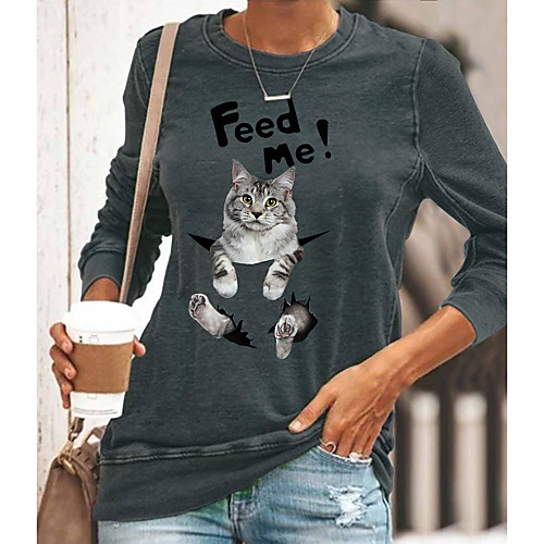 

Women's T shirt Cat Graphic Long Sleeve Print Round Neck Tops Basic Basic Top Blue Yellow Green