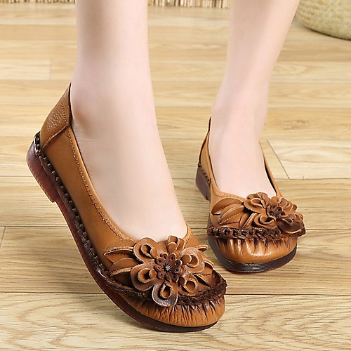 

Women's Flats Round Toe Leather Floral Dark Grey Dark Red White