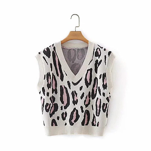 

Women's Stylish Knitted Leopard Vest Sleeveless Sweater Cardigans V Neck Summer White Blue Purple