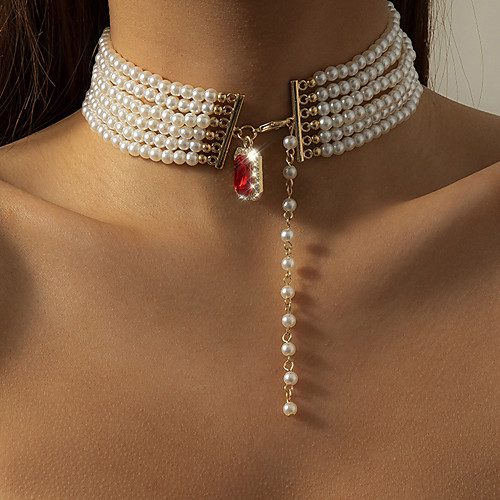 

Choker Necklace Pendant Necklace Torque Women's Geometrical Cubic Zirconia Red Imitation Pearl Imitation Diamond Artistic Simple Fashion Vintage Trendy Gold 40 cm Necklace Jewelry 1pc for Street