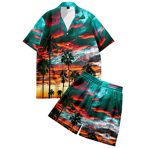 

Men's Shirt Suits 3D Print Scenery Coconut Tree Button-Down 3D Print Short Sleeve Street Tops Fashion Classic Breathable Comfortable Rainbow