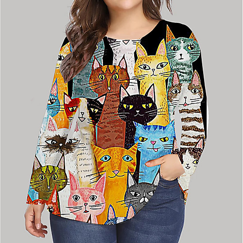 

Women's Plus Size Print Cat Graphic Animal T shirt Large Size Round Neck Long Sleeve Tops Big Size