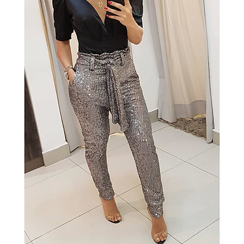 

Women's Hip-Hop Streetwear Comfort Going out Weekend Pants Pants Plain Full Length Sequins Elastic Waist Grey Gold Silver