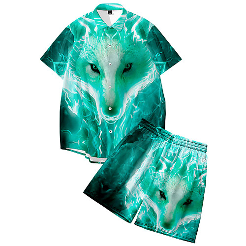 

Men's Shirt Suits 3D Print Wolf Animal Button-Down 3D Print Short Sleeve Daily Tops Casual Fashion Breathable Green