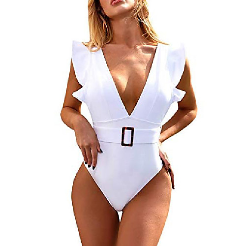 

soly hux women's deep v neck flounce ruffle monokini belted one piece swimsuit white l