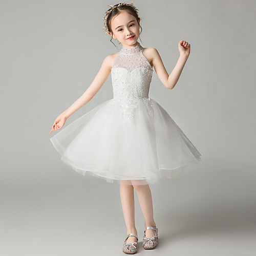 

Princess Knee Length Wedding / Event / Party Flower Girl Dresses - Tulle Sleeveless Halter Neck with Beading / Appliques / Butterfly