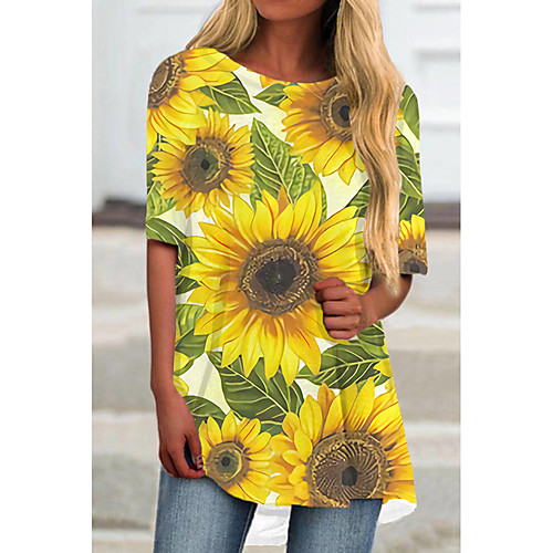 

Women's T Shirt Dress Tee Dress Short Mini Dress Yellow Beige Half Sleeve Floral Color Block Print Spring Summer Round Neck Casual 2021 S M L XL XXL 3XL