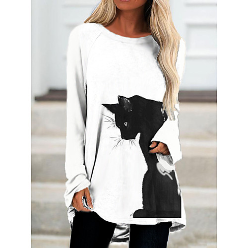 

Women's T Shirt Dress Tee Dress Short Mini Dress White Long Sleeve Cat Animal Print Fall Spring Round Neck Casual 2021 S M L XL XXL 3XL